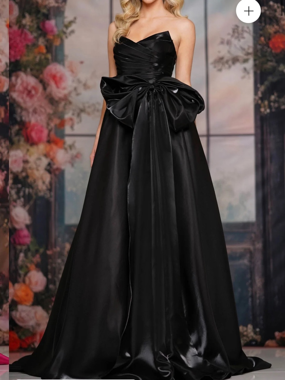 ellie wilde Strapless Black Satin Ball Gown with Bow Waist